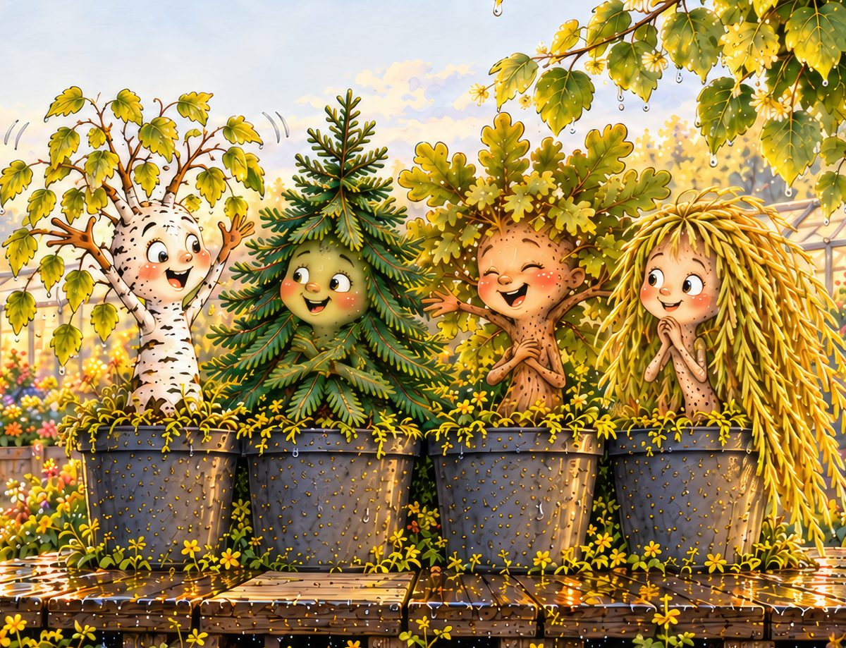 Birk, Finn, Ella und Wilma stehen am Morgen nach dem Sturm nebeneinander in ihren Töpfen